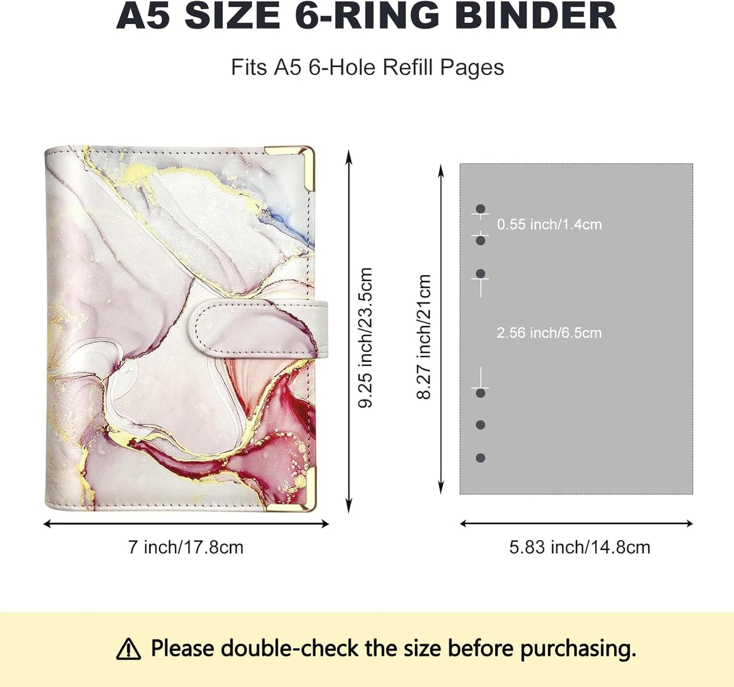 A5 Refillable 6 Ring Faux Leather Budget Binder,Mini Notebook Binder Cover for A5 Filler Paper,Loose Leaf Personal Planner Cover with Magnetic Buckle Closure(Marble Pink)
