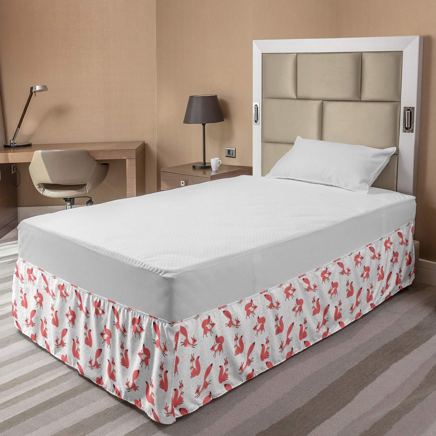 Lunarable Squirrel Bed Skirt, Little Pink Squirrels Under Snowfall Rodent Animal Character Winter Theme, Elastic Bedskirt Dust Ruffle Wrap Around for Bedding Decor, Twin/Twin XL, Pink Peach White