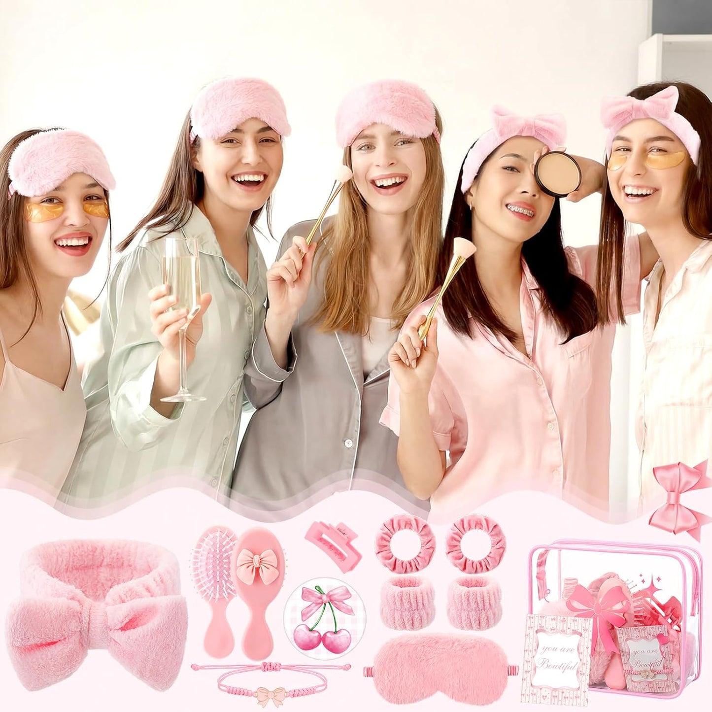 Honeydak 120 Pcs Pink Spa Sleepover Party Favors Coquette Bow Bracelets Eye Mask Wristband Scrunchie Spa Headband Mirror Hair Comb Bow Cards Claw Clips Bowknot Makeup Bags for Slumber Party Supplies