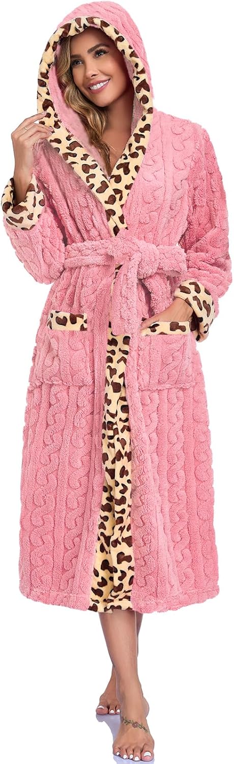 RONGTAI Womens Robe Soft Fuzzy Fleece Long Bathrobe Leopard Print Housecoat with Pockets & Belt S-XXL