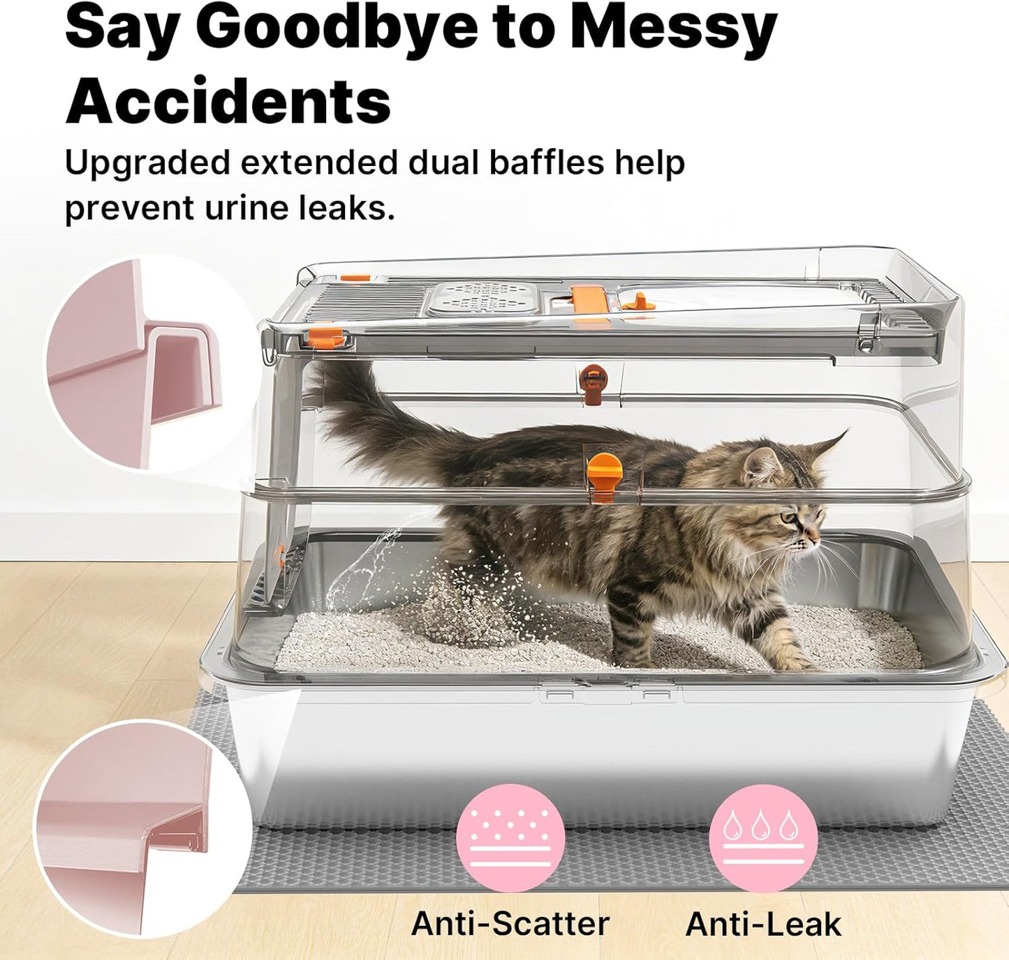 Stainless Steel Litter Box with Flip Lid, XL Extra Large Cat Litter Box with High Sided Top Entry Design, Anti-Leakage Enclosed Metal Litterbox for Big Cats, with Handle, Mat, Pedal & Scoop, Pink
