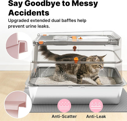 Stainless Steel Litter Box with Flip Lid, XL Extra Large Cat Litter Box with High Sided Top Entry Design, Anti-Leakage Enclosed Metal Litterbox for Big Cats, with Handle, Mat, Pedal & Scoop, Pink