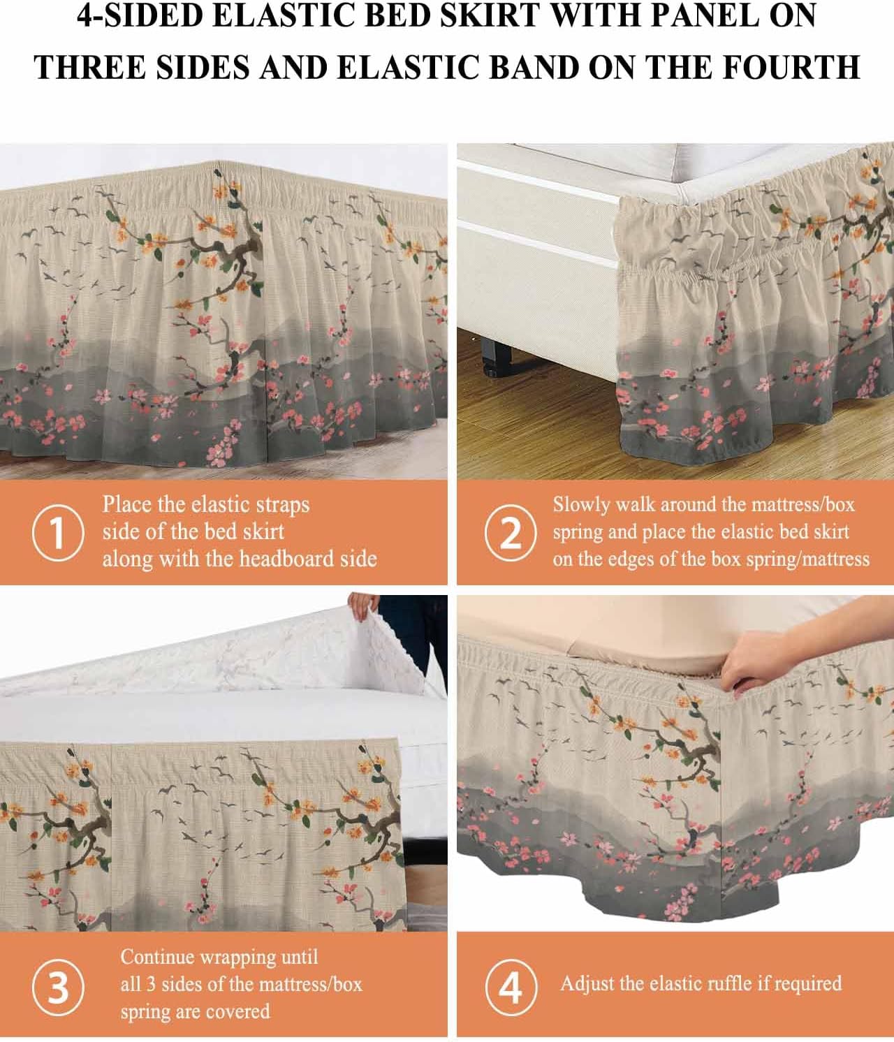 Chinese Ink Painting Bed Skirt Queen Size 16 Inch Drop, Wrap Around Bed Skirts, Pink Peach Blossom Branches Elastic Bedskirt Pleated Bed Frame Cover Luxurious Dust Ruffle for Queen Bed