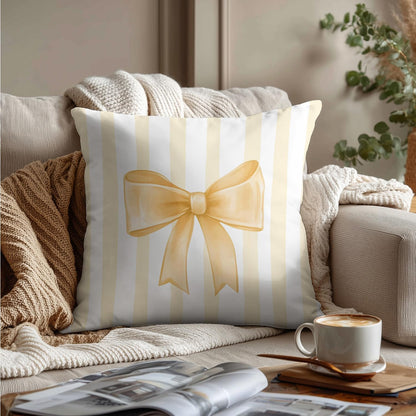 Yellow Bow Decorative Throw Pillow 18x18 Inch – Cute Blush Pink Striped Pillow Cover for Girls Room, Baby Nursery, Sofa or Bedroom Decor