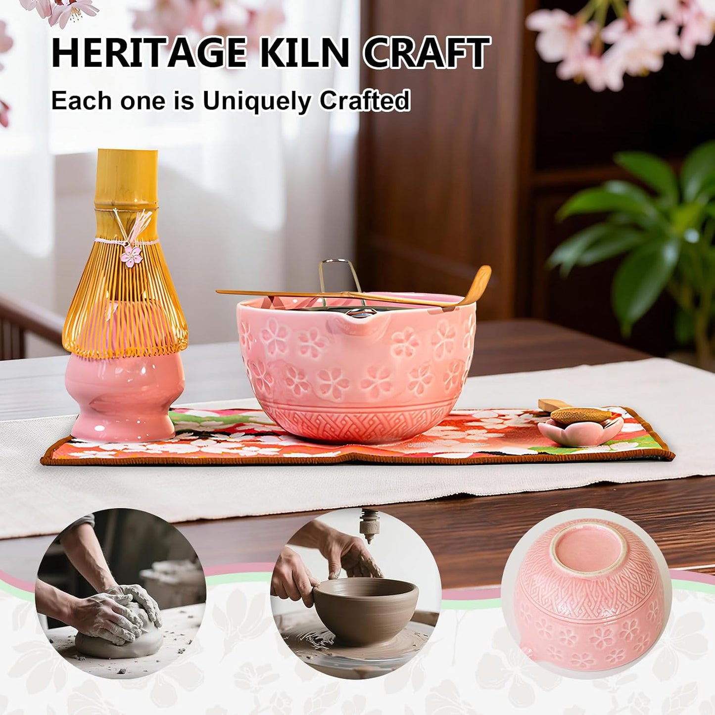 GarveeHome Japanese Matcha Tea Set – 8-Piece Chawan Ceremony Kit with Ceramic Spout Bowl, Wooden Whisk, Scoop, Sifter, Holder, Tea Towel – Great for Beginners & Enthusiasts – Pink, 24×17.5×10.5cm