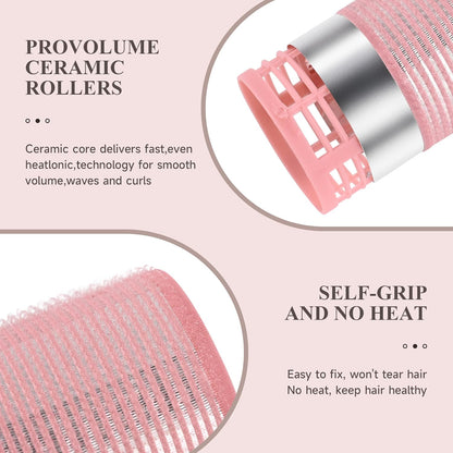 26 Pcs Ceramic Thermal Hair Rollers Set,Hair Curlers for Blowout Look Long Medium Short Hair,Jumbo Self Grip Hair Rollers with Clips for Women(18 Rollers + 8 Stainless Steel Clips,Pink)