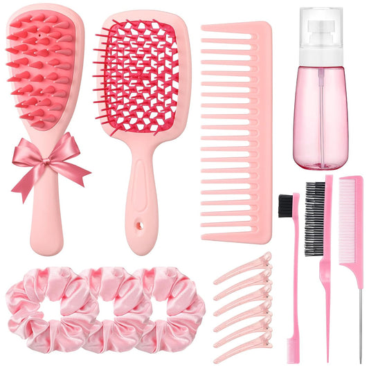 auroray 16 Pcs Pink Hair Brush Set for Women Girls - Scalp Scrubber with Handle, Detangle Hair Brush, Spray Bottle, Edge Bristles Wide Tooth Brushes Rat Tail Comb for Travel Home Use Hair Stuff