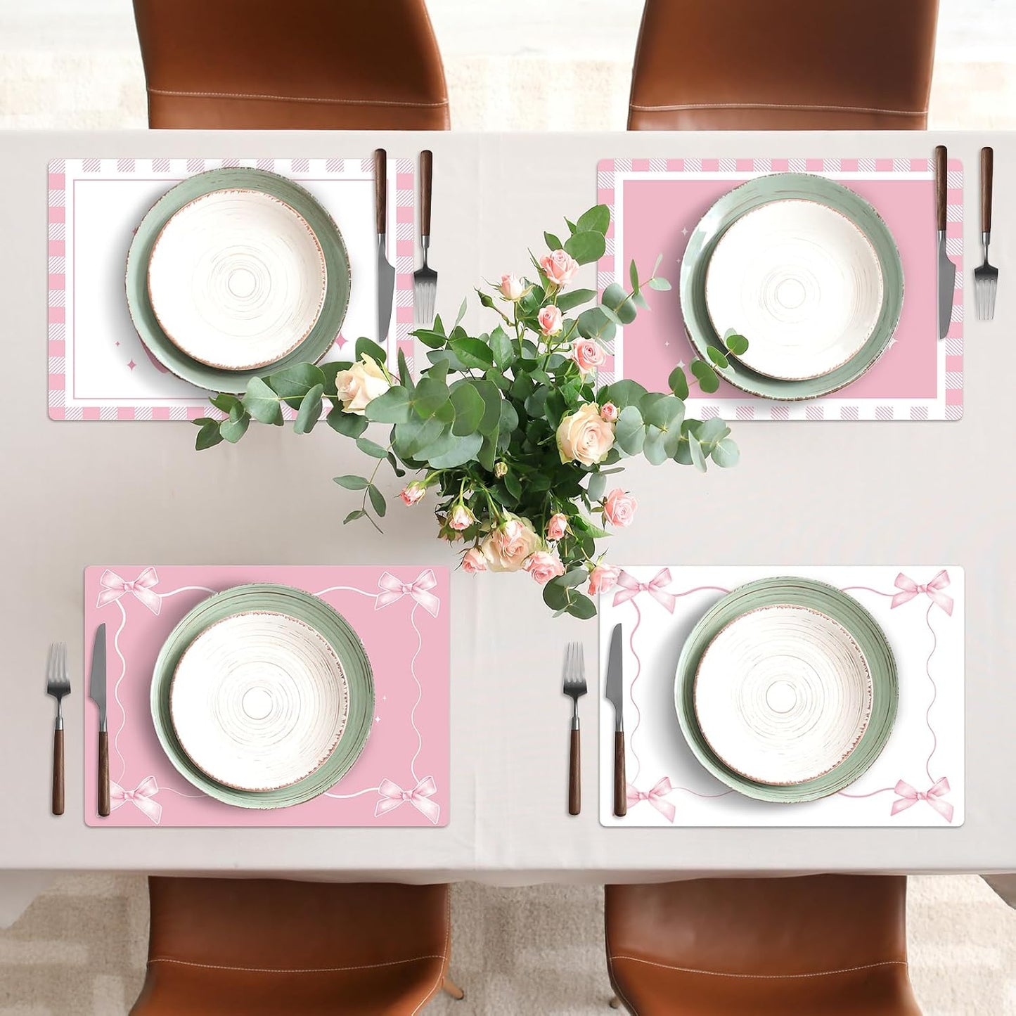 Pink Bow Plastic Placemats Set of 6 Cute Coquette Butterfly Bowknot Dinner Table Mats Pink Ribbon Bow Place Mats Wedding Baby Shower Birthday Table Decoration for Indoor Outdoor Party Kitchen Dining