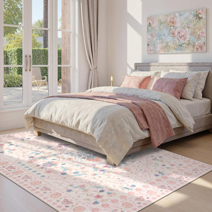 Wonnitar Boho Floral 8x10 Pink Area Rug, Washable Kids Rugs for Bedroom, Large Ultra-Thin Soft Non Slip Carpet for Nursery Living Room Playroom Classroom, Pastel Pink