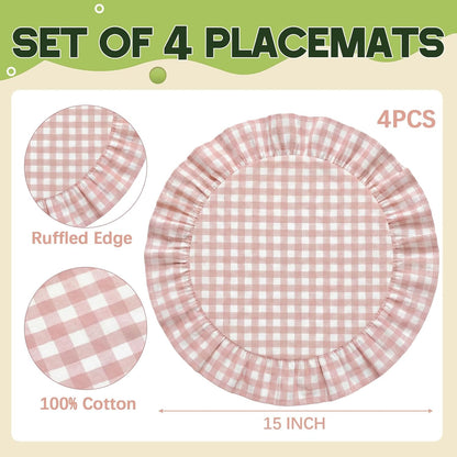4 Pcs 15 Inch 100% Cotton Scalloped Round Placemats, Thin Light Pink Gingham Place Mats with Ruffle, Washable Placemats Table Mats for Kitchen Dining Holiday Gatherings Decor