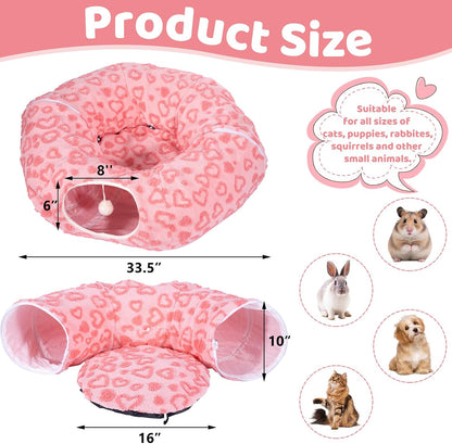 Cat Tunnel Bed, Cute Cat Tunnel Toy with Washable Cushion, Fits Indoor Cats up to 25 lbs, Cute Peekaboo Cave Pet Bed for Kittens, Rabbits, Pink Heart