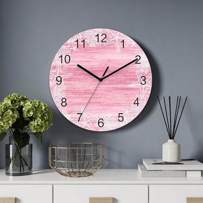 Ocean Wall Clock Battery Operated Non-Ticking 10" Round Wood Clocks, Starfish Seashell Coral Marine Life Pink Kitchen Wall Clock for School Bathroom Living Room Home Office Wall Decor