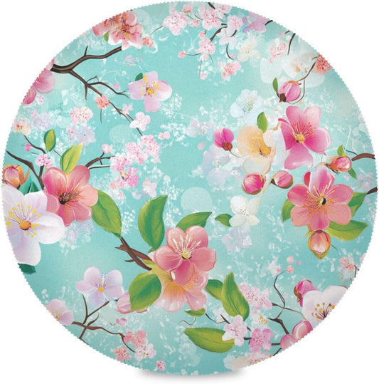 Spring Peach Flower Blue Pattern Round placemates Toddlers Waterproof Dining Table Set 6 15.4x15.4in