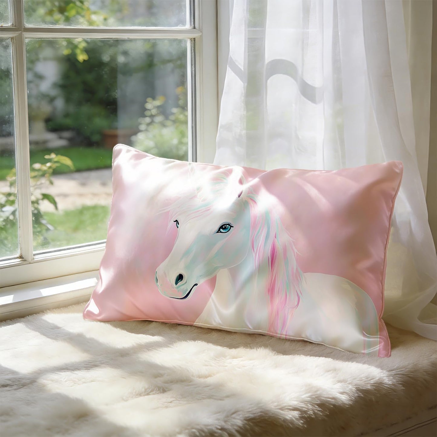 Pink Horse 20x30 Satin Silk Sleep Pillow Covers Case Queen Size for Sleeping Bed with Zipper,Pink Horse Girls Bedroom Room Decor,Double-Sided(1 Pack)