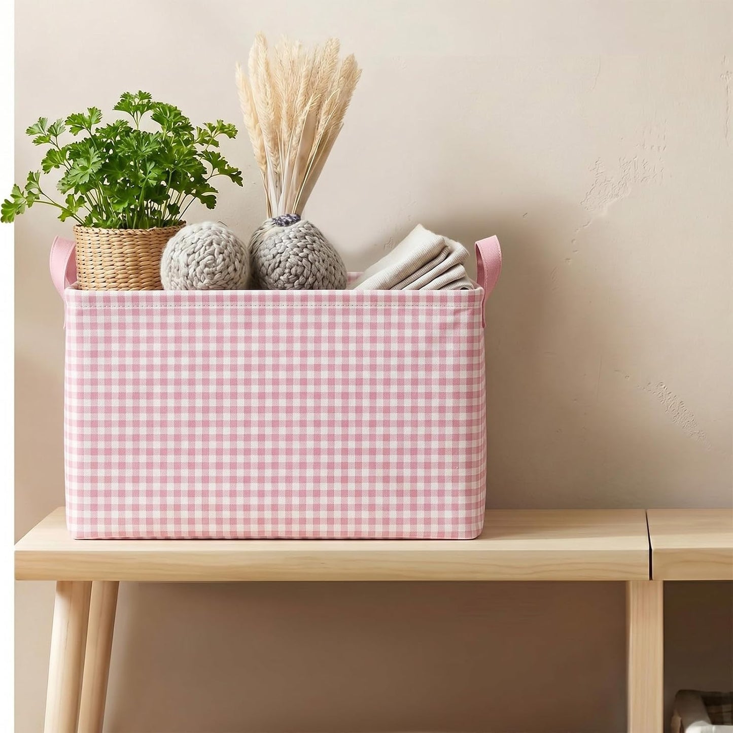 Hushee Pink Checkered Storage Basket Collapsible Gingham Organizer Rectangular Bin with Handles for Home Office Bathroom Bedroom Pet Toy Storage Modern Farmhouse Decor