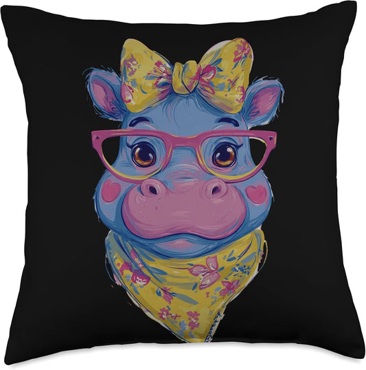 Blue Hippo Portrait Animal Lover Graphic Pink Glasses Yellow Throw Pillow