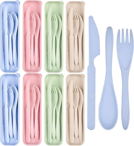 8 Sets Portable Wheat Straw Cutlery, Reusable Spoon Knife Forks,Spoon Knife Fork Tableware set, Great for Picnics,Travel and Daily Use (4 Colors)