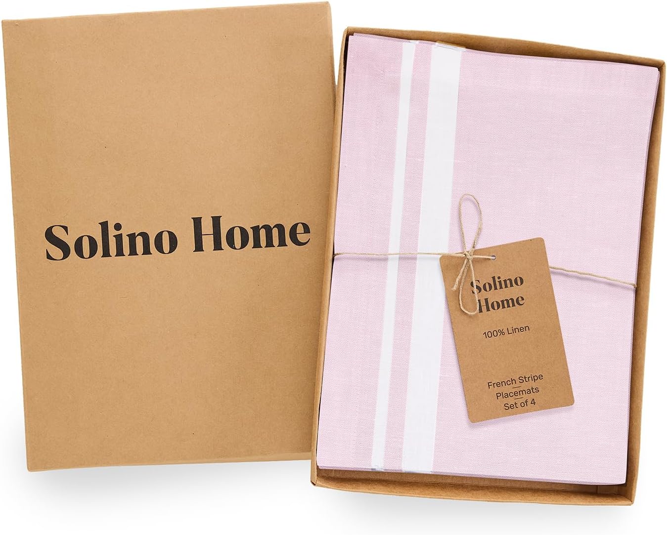 Solino Home Linen Placemats Set of 4 - French Stripe White and Dusty Pink Placemats 14 x 19 Inch - 100% Pure Linen Table Mats for Summer