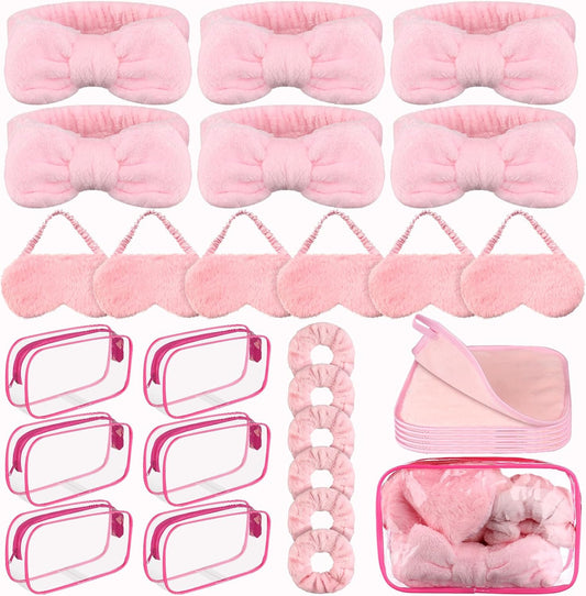 30 Pcs Spa Sleepover Party Supplies 6 Bow Makeup Headband 6 Pink Plush Sleep Eye Mask 6 Velvet Scrunchies 6 Makeup Remover Cloth 6 Clear Cosmetic Bags for Women Slumber Party Favors
