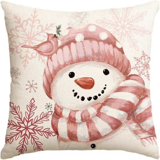 AVOIN colorlife Winter Snowman Snowflake Bird Throw Pillow Cover, 18 x 18 Inch Pink Seasonal Christmas Holiday Cushion Case Decoration for Sofa Couch