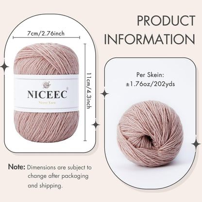 NICEEC 3 Skeins Soft Merino Wool Yarn - Soft & Warm, Finger Weight, Woolen Yarn for Crochet & Knitting, Total 5.3oz/606yds - Pale Pink