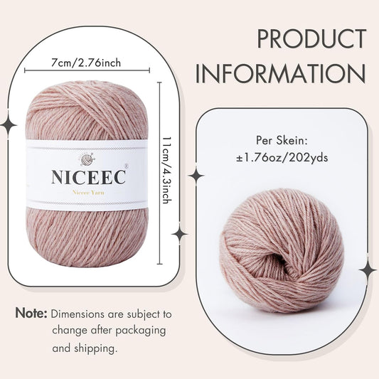 NICEEC 3 Skeins Soft Merino Wool Yarn - Soft & Warm, Finger Weight, Woolen Yarn for Crochet & Knitting, Total 5.3oz/606yds - Pale Pink