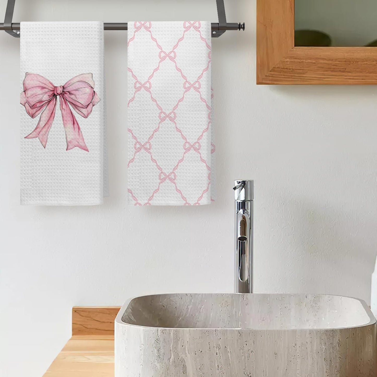 Coquette Pink Bow Kitchen Towels Set of 2, Preppy Pink Ribbon Pattern Hand Towels for Bathroom, Girly Coquette Bathroom Decor, Bow Aesthetic Dish Tea Towels for Kitchen, 16x24 inches