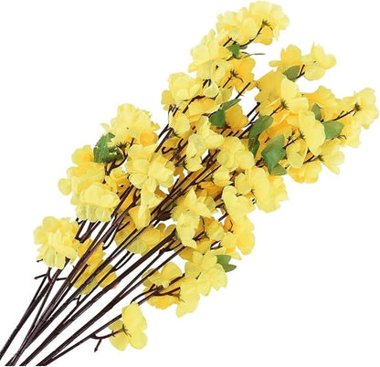 10PCS Artificial Cherry Blossom Flower Branches, 25.6 Inch Silk Spring Peach Blossom Bouquet Fake Flower Stems Arrangement for Wedding Home Decoration (Yellow)