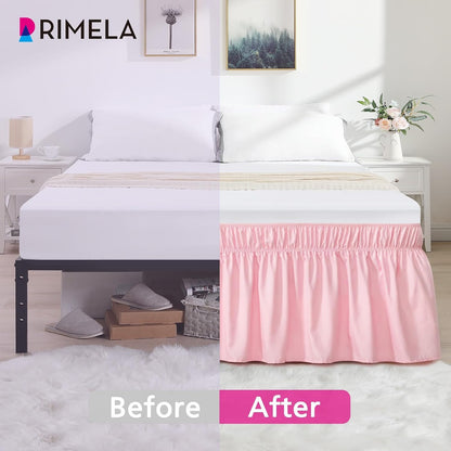 RIMELA Pink Bed Skirt Queen Size 15 Inch Drop, Wrap Around Elastic Bedskirt, Dust Ruffle for Adjustable Bed Base Machine Washable Easy to Install Bed Skirts