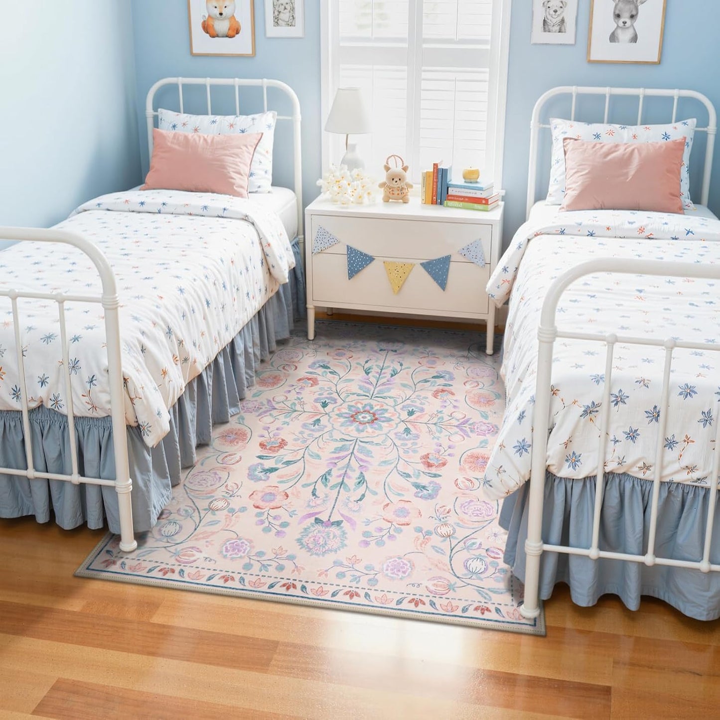Anidaroel 5x7 Area Rugs for Living Room, Washable Pink Floral Rugs for Bedroom Girls, Soft Boho Nursery Rugs for Kids Playroom, Non Slip Low Pile Indoor Carpet for Bedside Dorm, Pink/Multi