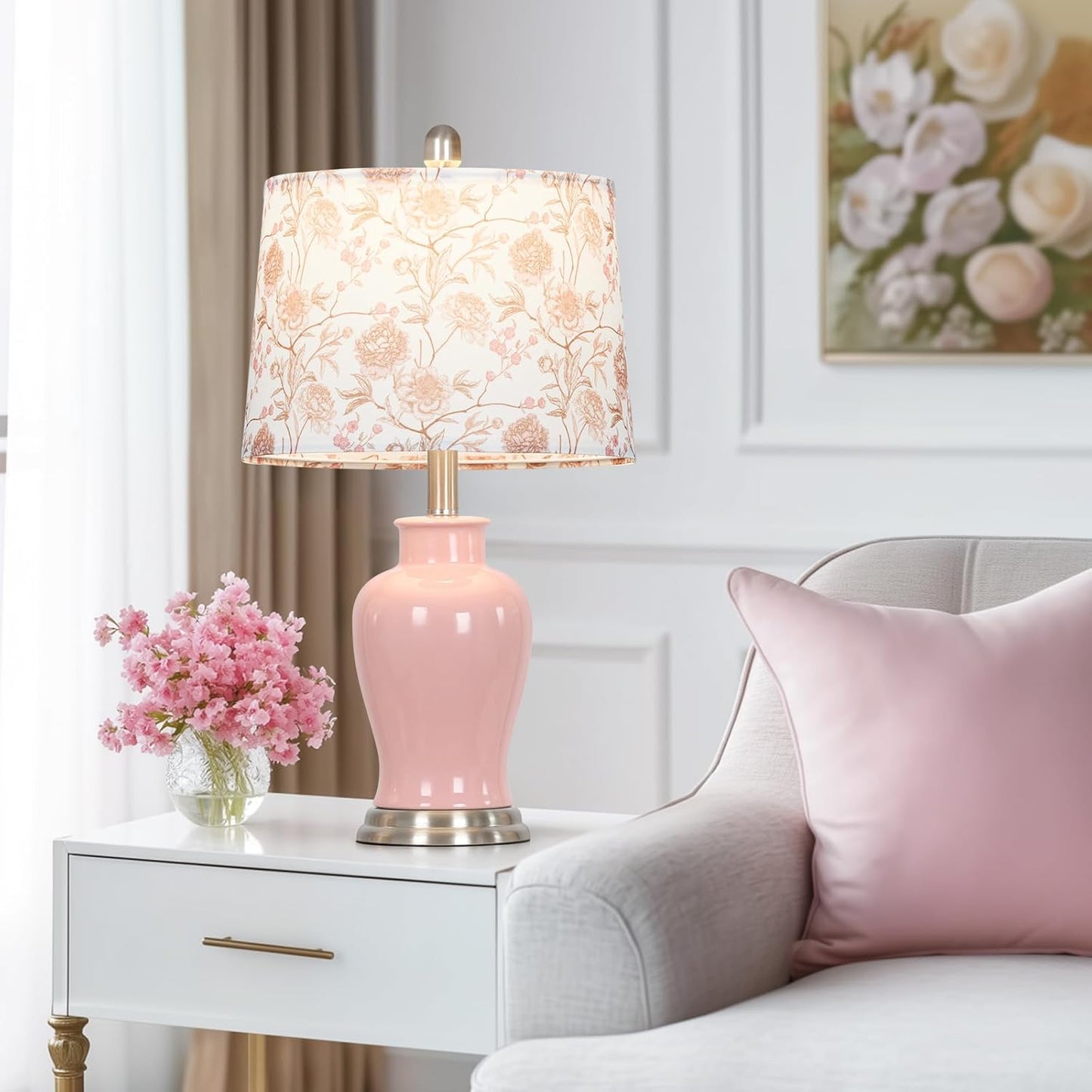 Ruzectt Pink Ceramic Table Lamp with Flower Lampshade, 23" Cute Bedroom Lamp with Ginger Jar Design, Modern Living Room Lamps Set 2, Elegant Bedside Lamps for Nightstand End Table Home Decor