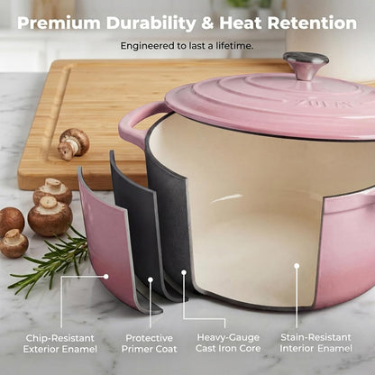 Zulay Kitchen 7.7 Quart Enameled Cast Iron Dutch Oven Pot with Lid – Premium Durability & Oven Safe up to 500°F – Heavy Duty Cookware Perfect for Bread Baking, Stews, Braising & Roasting – Pink