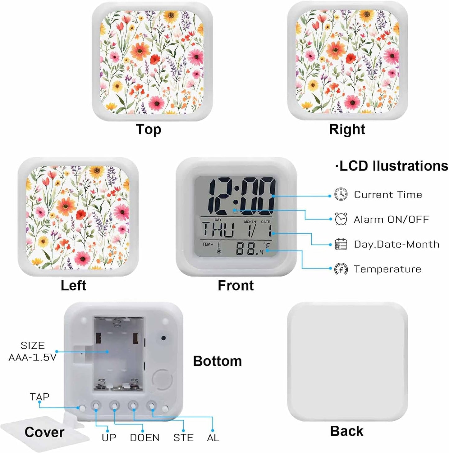 Spring Floral Alarm Clock, Pink Yellow Wildflowers Watercolor Botanical Digital Clock Night Light with 7 Color, Calendar Temperature Display, NightLight Clock for Bedroom, 3.2x3.2in