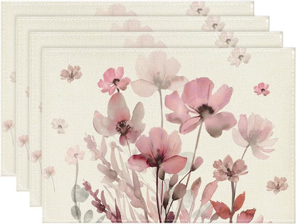 Artoid Mode Pink Florals Poppy Spring Placemats Set of 4, 12x18 Inch Seasonal Summer Holiday Table Mats for Party Kitchen Dining Decoration