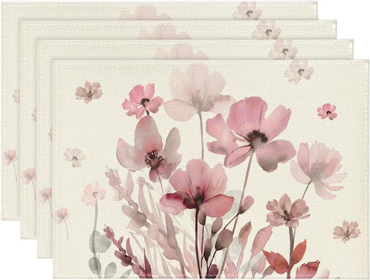 Artoid Mode Pink Florals Poppy Spring Placemats Set of 4, 12x18 Inch Seasonal Summer Holiday Table Mats for Party Kitchen Dining Decoration