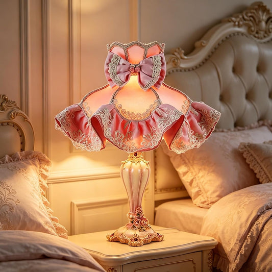 Victorian Pink Table Lamp, Princess Style Bedside Lamp with Lace Ruffle & Bow, Resin Desk Lamp for Bedroom Living Room Vanity