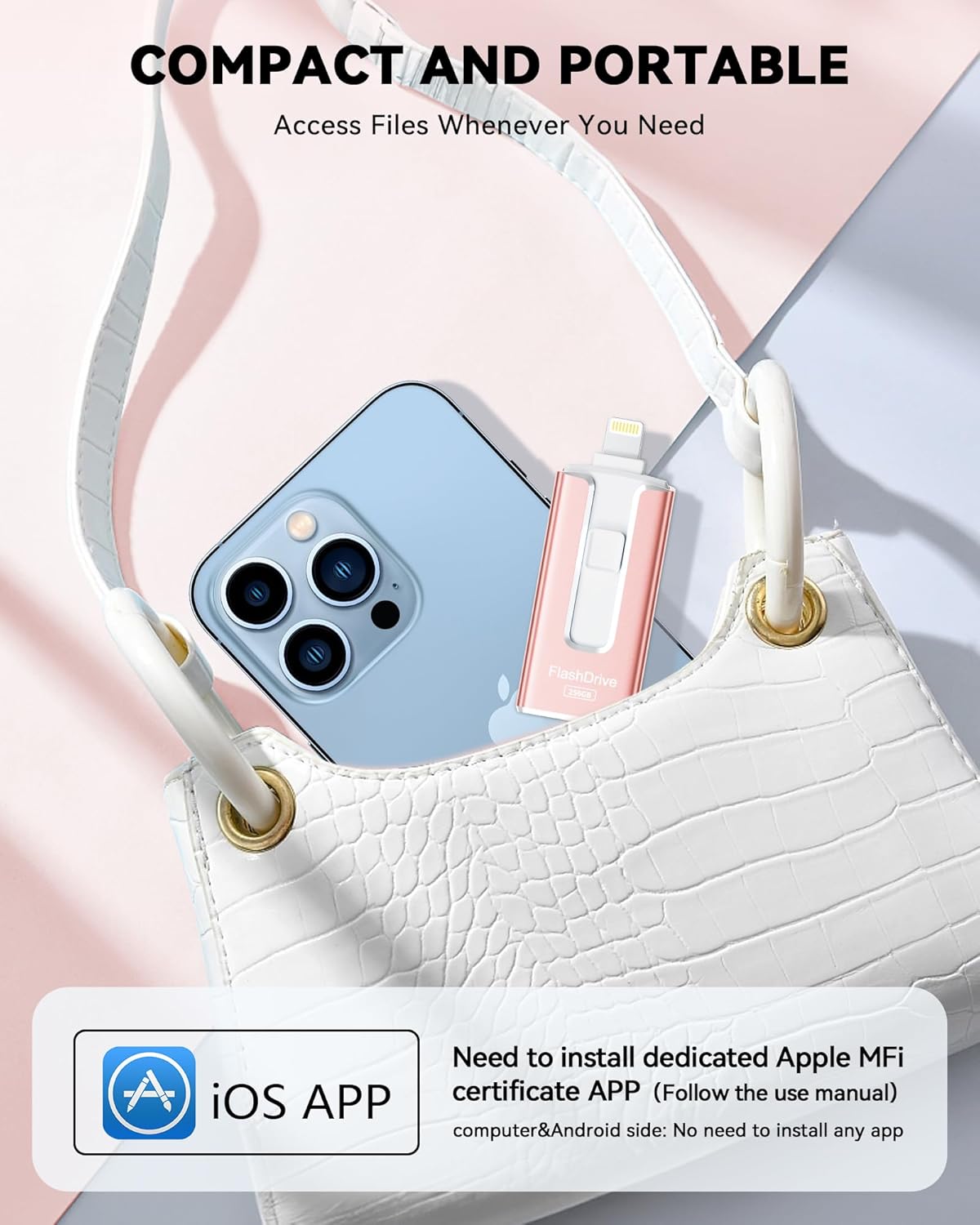 MFi Certified 256GB Flash Drive for iPhone iPad, USB Memory Stick Thumb Drive for iPhone/iPad/Android/PC(Rose Pink)