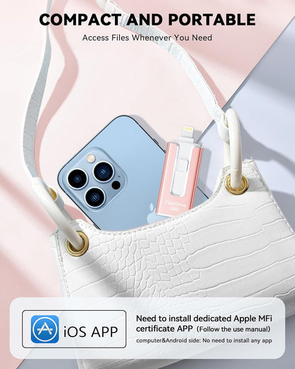 MFi Certified 256GB Flash Drive for iPhone iPad, USB Memory Stick Thumb Drive for iPhone/iPad/Android/PC(Rose Pink)