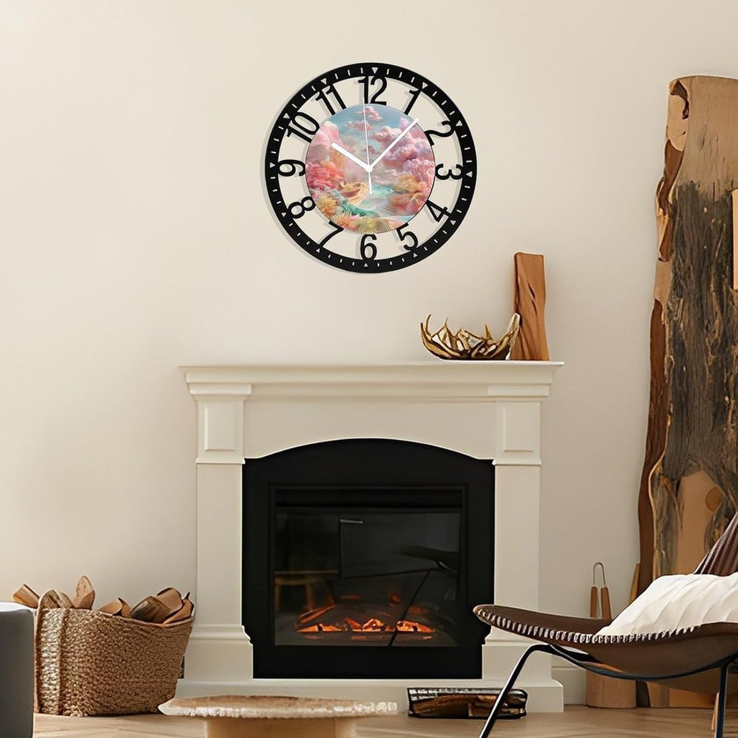 Metal Wall Clock for Living Room -10" Pastel Coral Landscape Pink Clouds Silent Non Ticking,Battery Operated, Antique Clocks for Farmhouse,Bedroom,Kitchen - Arabic Numerals