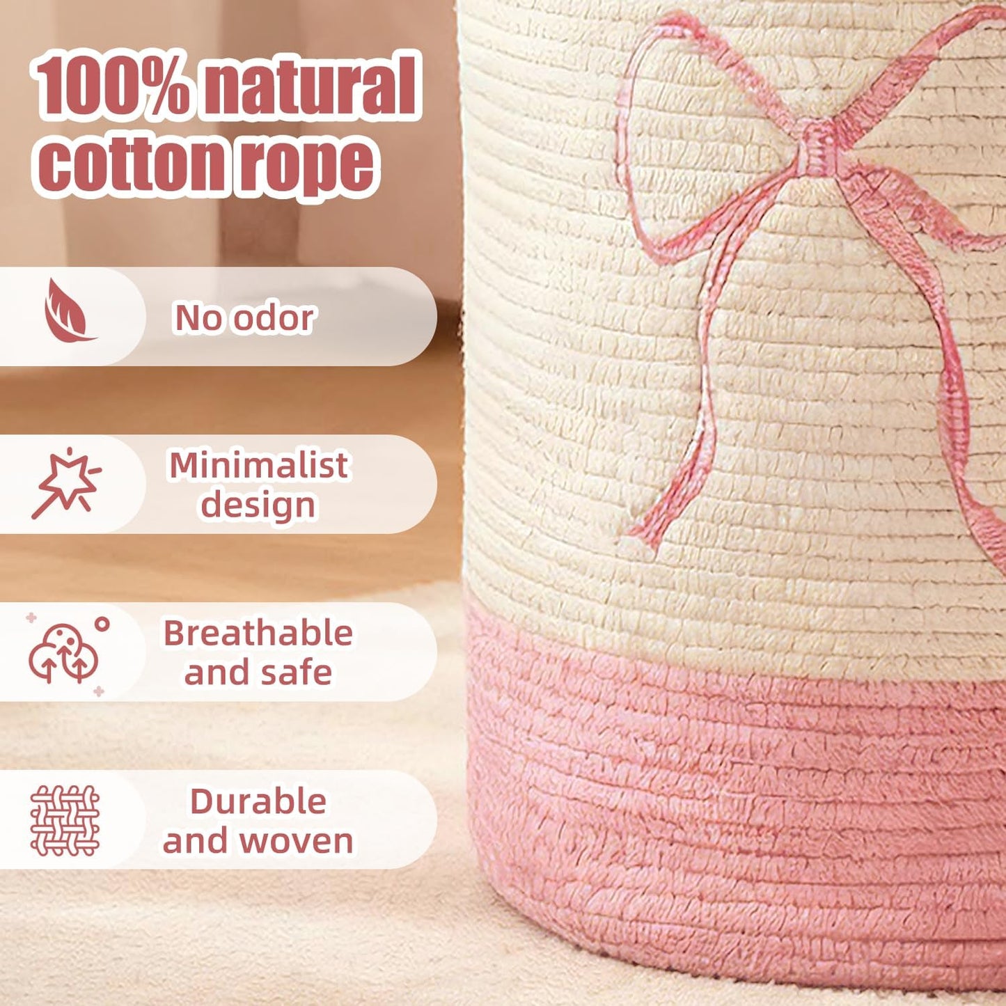 Pink Laundry Basket with Bow, Coquette Bow Laundry Basket - Tall Cotton Rope Nursery Storage Bin, Large Organizer for Blankets, for Kids, Toys & Clothes for Bedroom & Bathroom (Round-50L)