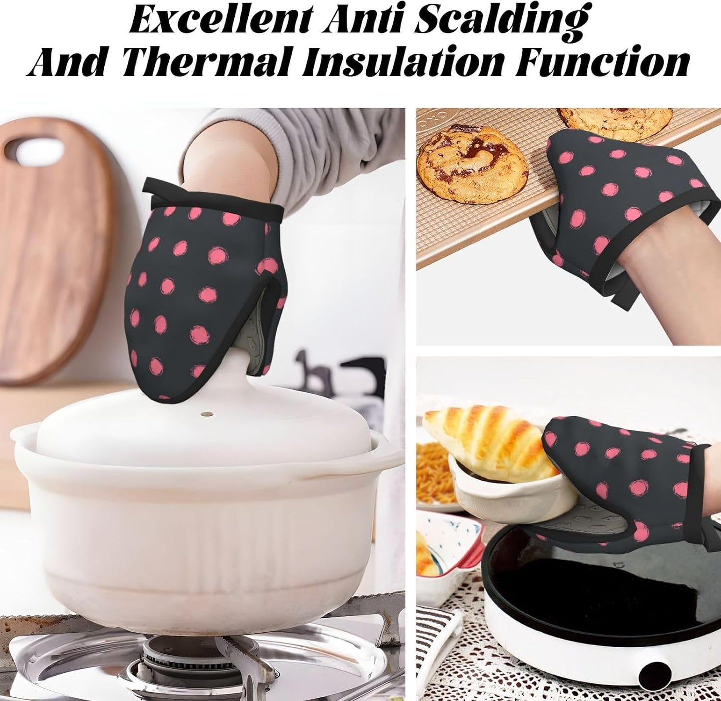 Light Pink Polka Dots in Grid On Solid Dark Gray Mini Silicone Oven Mitts Heat and Slip Resistant Kitchen Mittens,Short Oven Gloves for Safe Cooking Baking & Grill,5.9"X5.9"