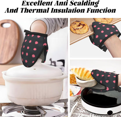 Light Pink Polka Dots in Grid On Solid Dark Gray Mini Silicone Oven Mitts Heat and Slip Resistant Kitchen Mittens,Short Oven Gloves for Safe Cooking Baking & Grill,5.9"X5.9"