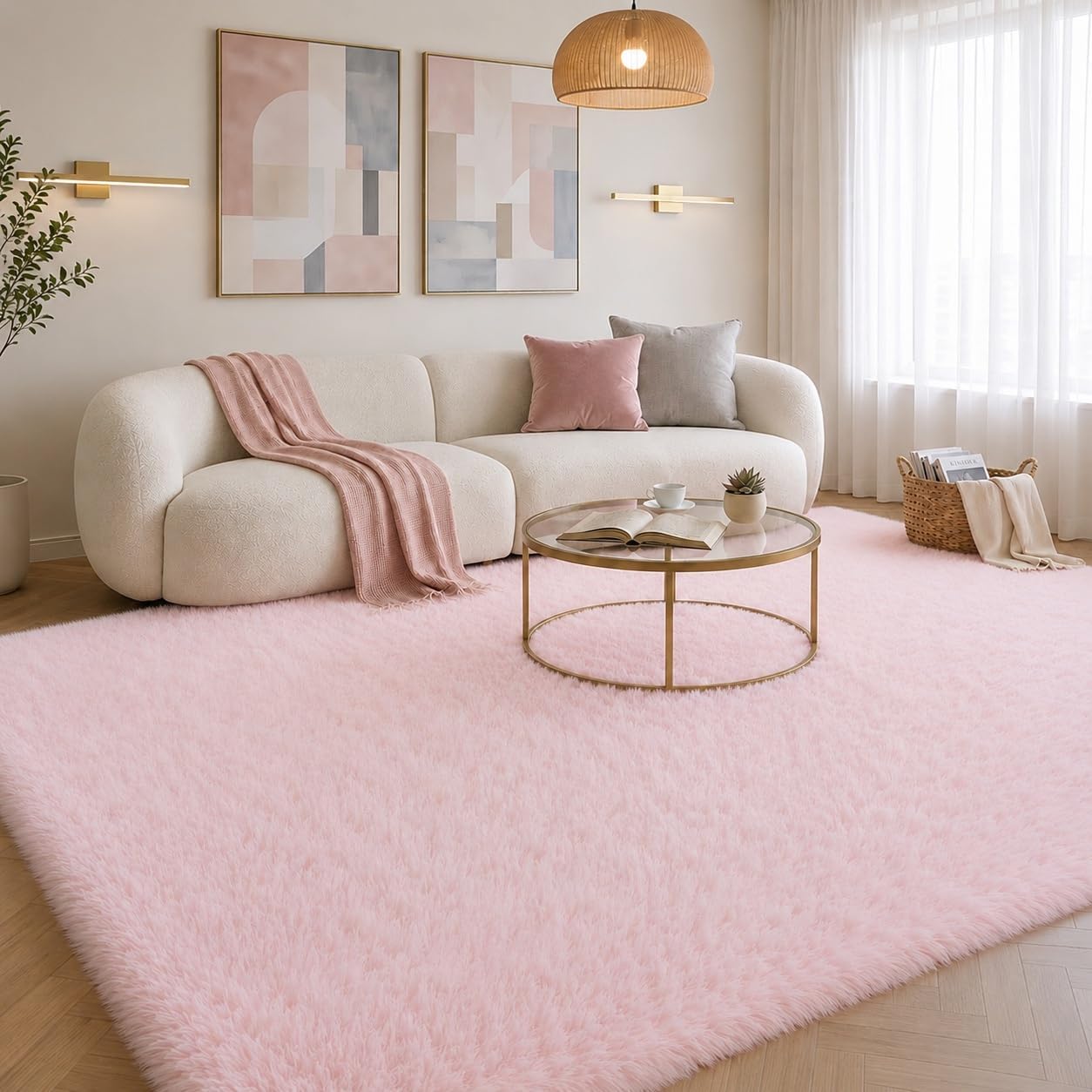 6x9 Ft Baby Pink Fluffy Area Rugs, Ultra Soft Large Shag Furry Carpet with Non-Slip Backing, Cozy Fuzzy Plush Rug for Bedroom, Living Room, Nursery, Girls Dorm Decor