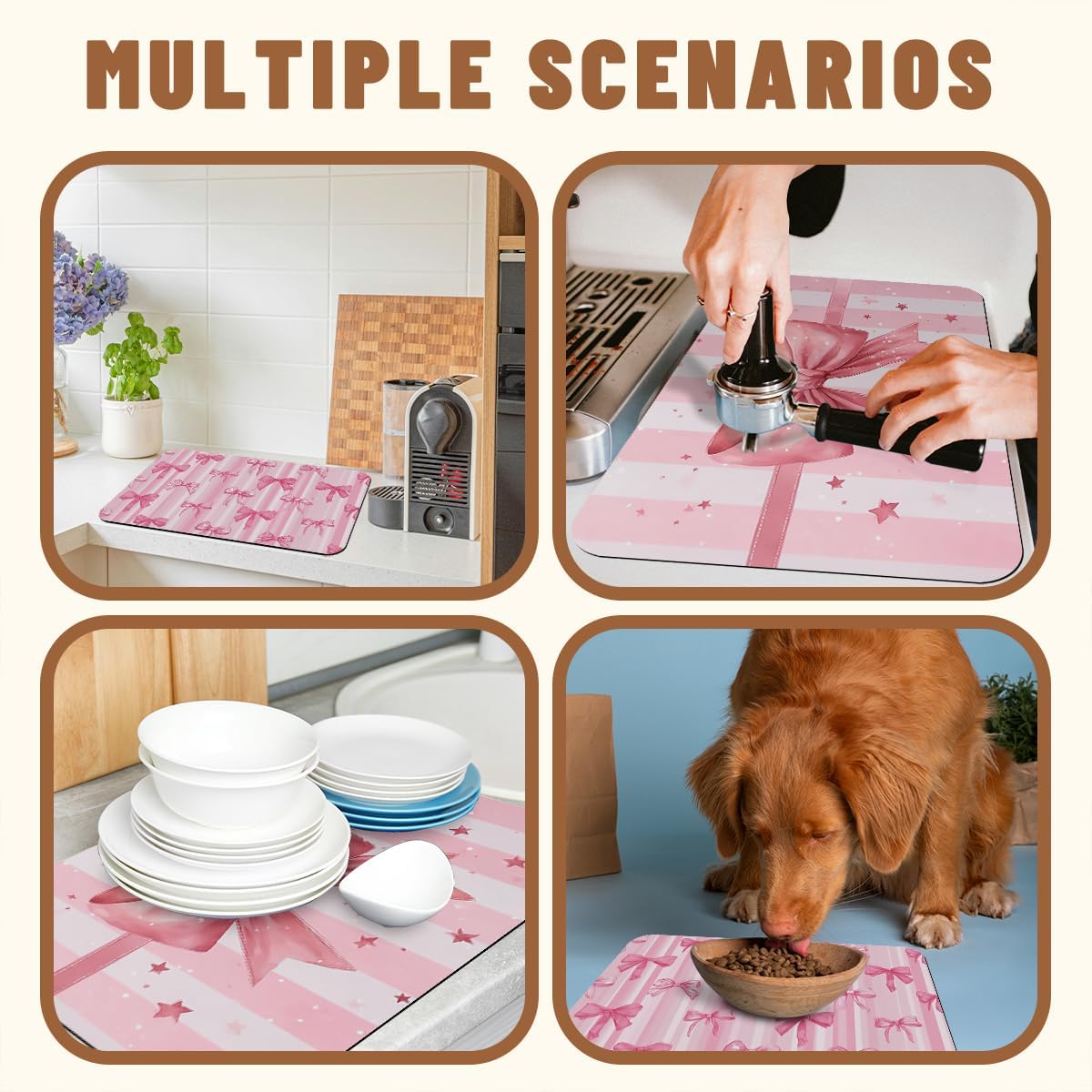 Pink Bow Dish Drying Mat for Kitchen Counter 2 Pack Bowknot Cute Dreamy Ribbon Romantic Absorbent Draining Pad, Non-Slip Coffee Bar Mats for Coffee Machine Station Accessories 12"L x 20"W