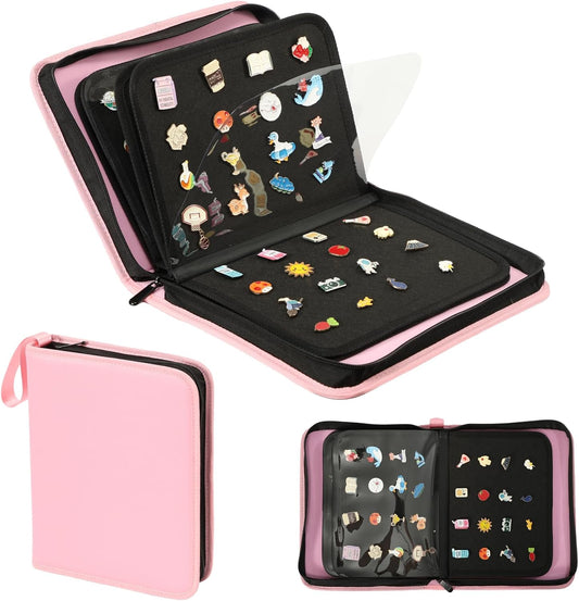 Oeun fan Enamel Pin Display Book, 6-Page Pin Trading Book, Portable Pin Bag and Pin Board (PU Pink)