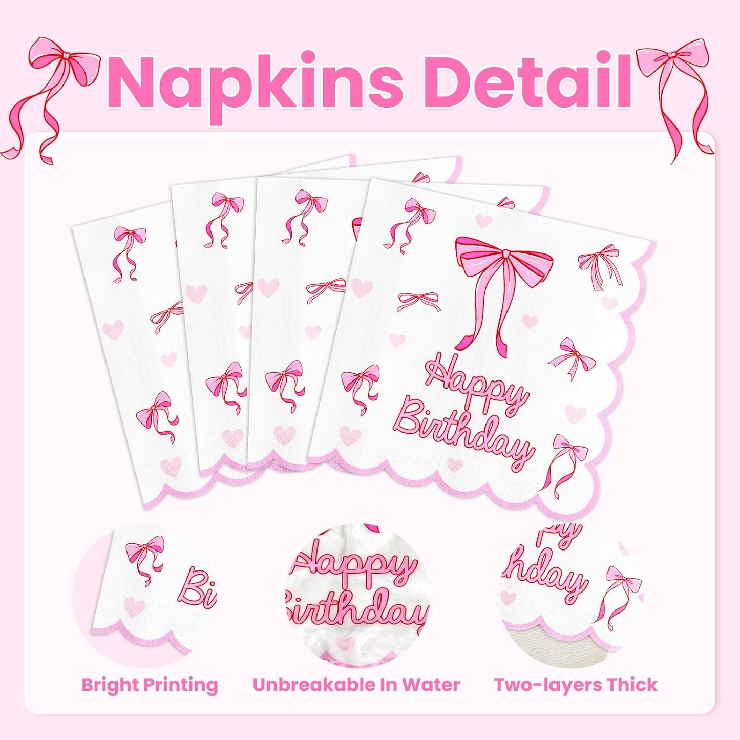 Pink Bow Napkins 50 pcs Disposable Pink Ribbon Bow Heart Paper Napkins for Coquette Birthday Party Decorations Cocktail Dinner Table Decor, 2-ply