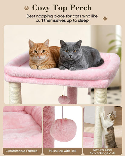 SYANDLVY Small Cat Tree for Indoor Cats with 2 Levels Perch Platforms, Natural Sisal Scratching Post Tower with Hanging Bell Ball & Anti-Tip Strap, Stable Cat Perch Furniture for Kittens, Pink