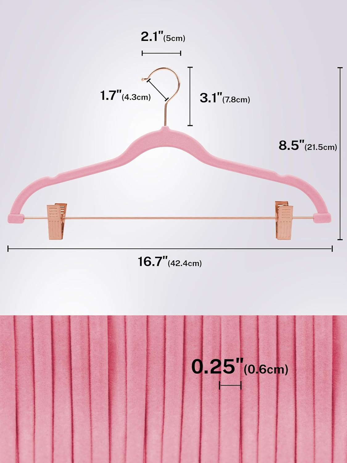 HOUSE DAY Velvet Skirt Hangers 24 Pack, Non Slip Pants Hangers with Rose Gold Clips, Ultra Thin Velvet Hanger Space Saving, Heavy-Duty Clothes Hanger for Trouser, Jeans, Dresses, Coats (Pink)