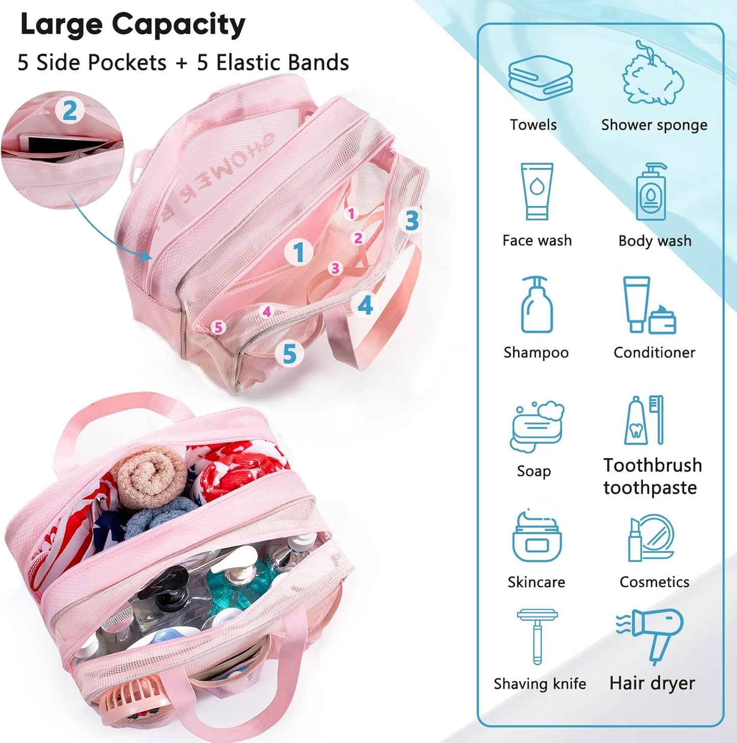 Large Mesh Shower Caddy with Wet & Dry Zones – Portable Hanging Toiletry Bag for College Dorm Room Essentials, Travel, Gym, Camping, Beach Tote Bag – Quick-Dry Shower Tote Organizer