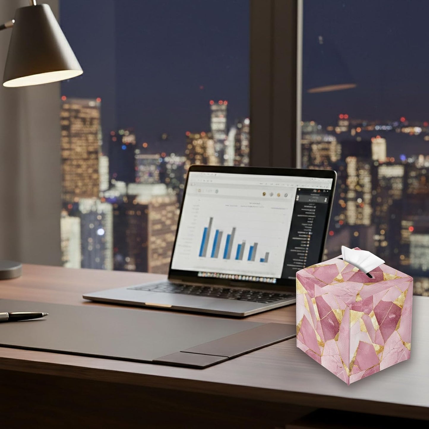 Tissue Box Cover Square, PU Leather Tissue Box Holder for Bathroom, Living Room & Office Desk, Pink Marble with Gold Foil Inlay, Decorative Modern Tissue Box Cover